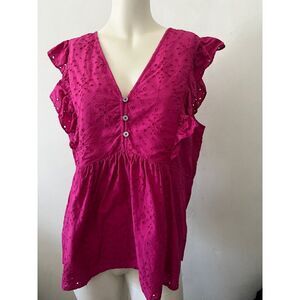 LOFT Eyelet top Sz L Magenta Ruffles Boho Romantic Soft Girl Feminine Cotton